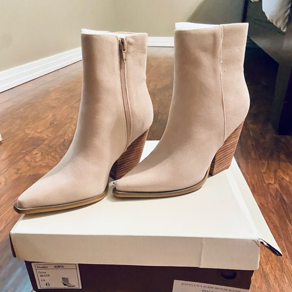 Womens Beige Suede Ankle Booties with Block Heel - Picture 2 of 7